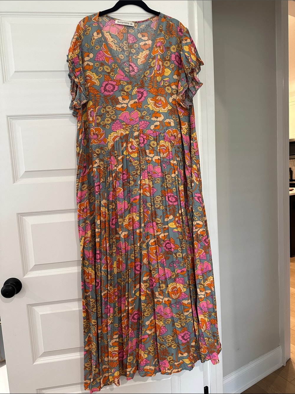 Flutter Sleeve Floral Maxi Dress in Gray with Pink & Orange Blooms